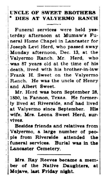 Herd,   Joseph Levi obituary