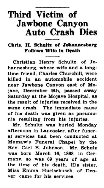 Schultz,   Christian Henry obituary