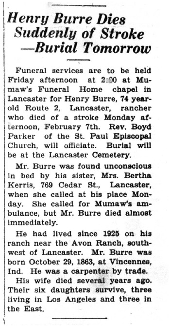 Burre,   Henry William obituary