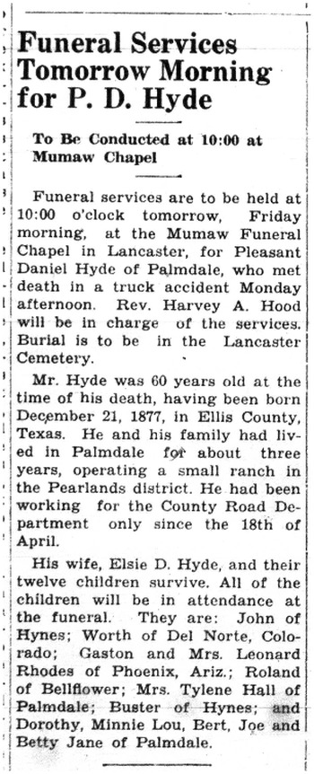 Hyde,   Pleasant Daniel obituary
