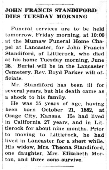 Standiford,   John Francis obituary