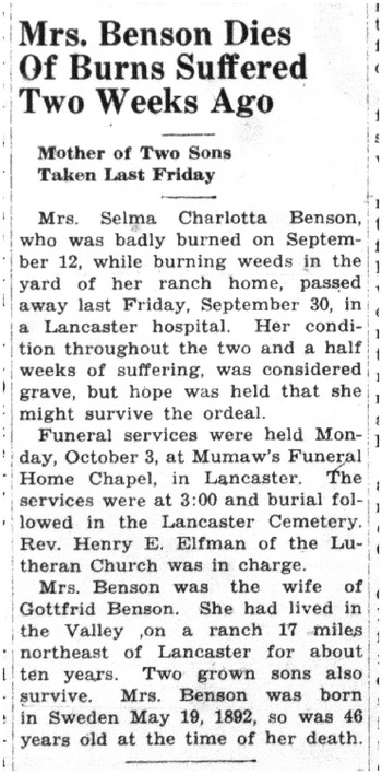 Benson,   Selma Charlotta obituary