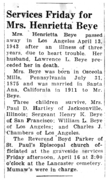 Beye,   Henrietta obituary