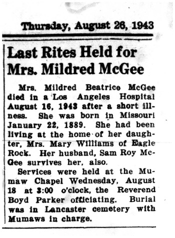 McGee,   Mildred Beatrice obituary