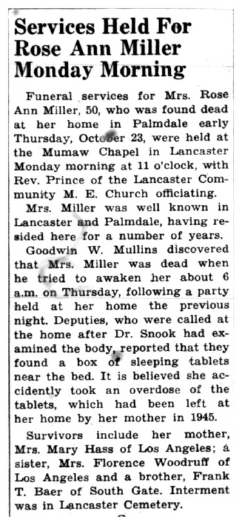 Miller,   Rose Anne obituary
