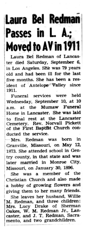 Redman,   Laura Bell obituary