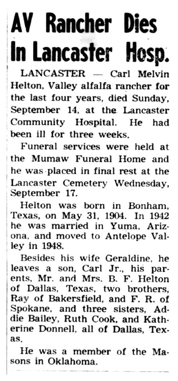 Helton,   Carl Melvin obituary