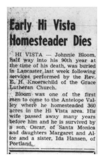 Bloom,   John Alfred ('Johnnie') obituary