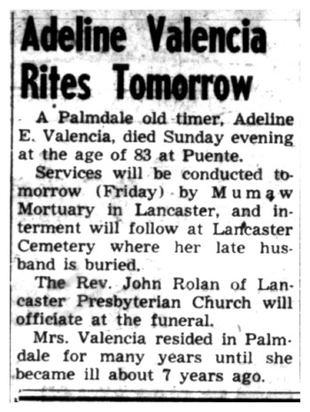 Valencia, Adeline E. obituary