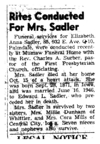 Sadler,   Elizabeth Anna obituary