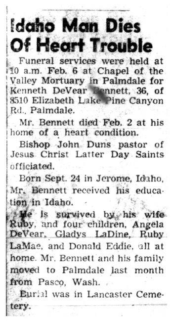 Bennett,   Kenneth DeVear obituary