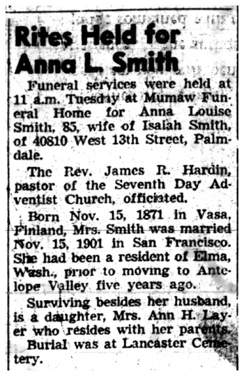 Smith,   Anna Louise obituary