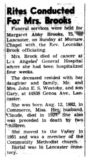 Brooks,   Margaret Abbey obituary