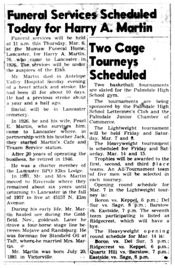 Martin,   Harry Archie obituary