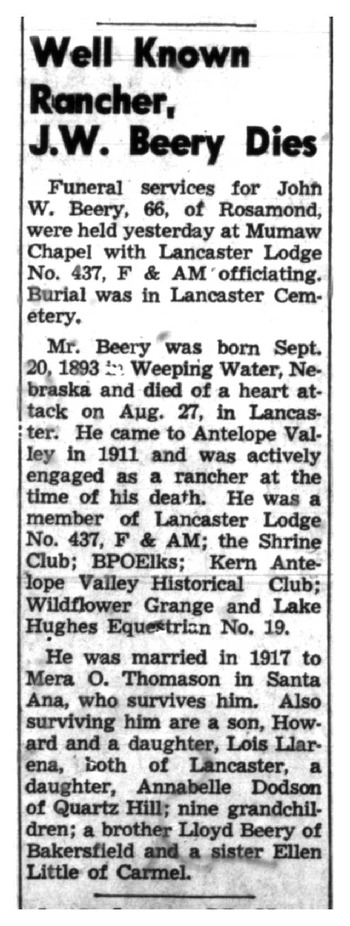 Beery,   John Wesley obituary