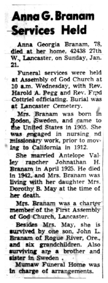 Branam,   Anna Georgia obituary
