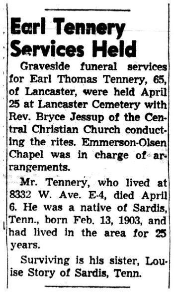 Tennery,   Earl Thomas obituary