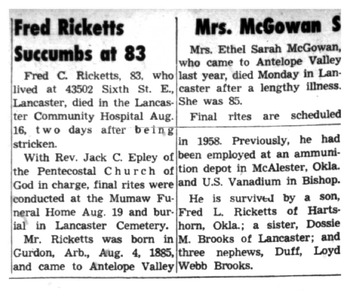Ricketts,   Fred Calvin obituary