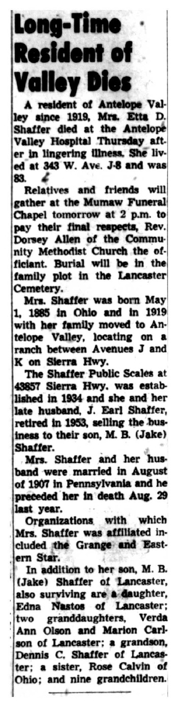 Shaffer,   Etta Dell obituary