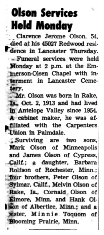 Olson,   Clarence Jerome obituary