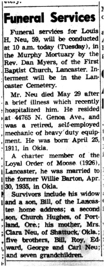 Neu,   Louis Herman obituary