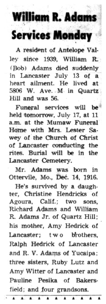 Adams,   William Robert ('Bob') obituary