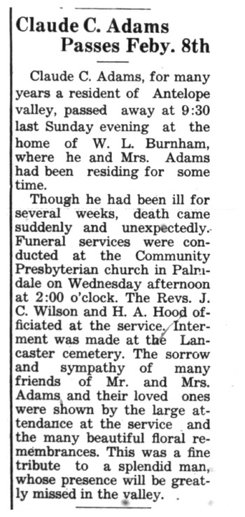 Adams,   Claude Clay obituary