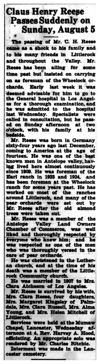 Reese,   Clause Henry obituary