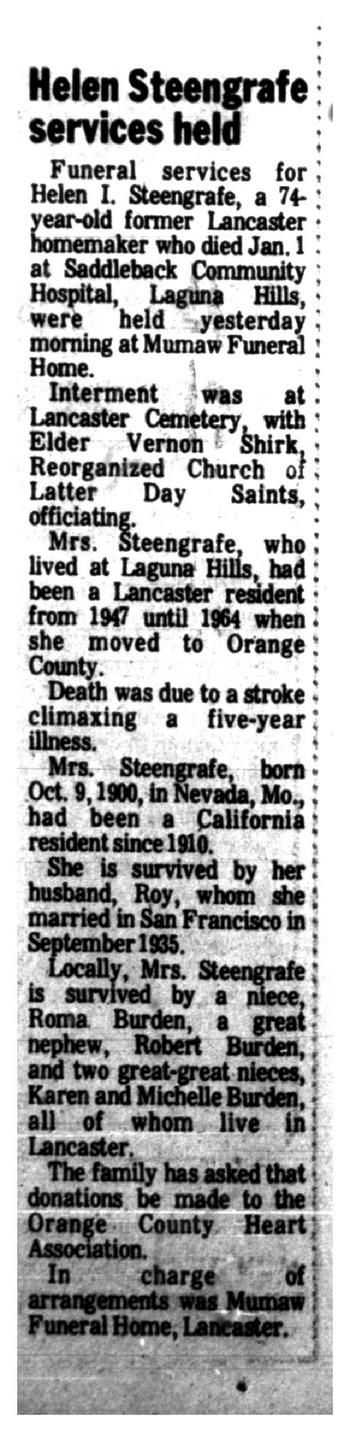 Steengrafe,   Helen I. obituary