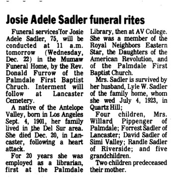 Sadler, Josephine Adele ('Josie') obituary