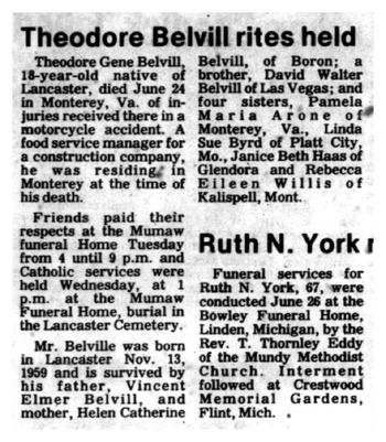 Belvill,   Theodore Gene obituary